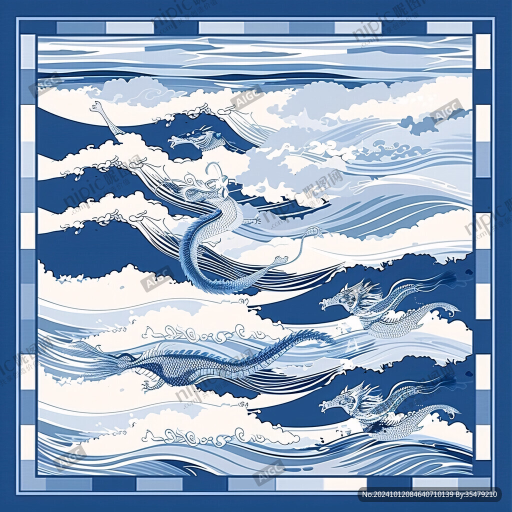 如意云紋藍色海浪