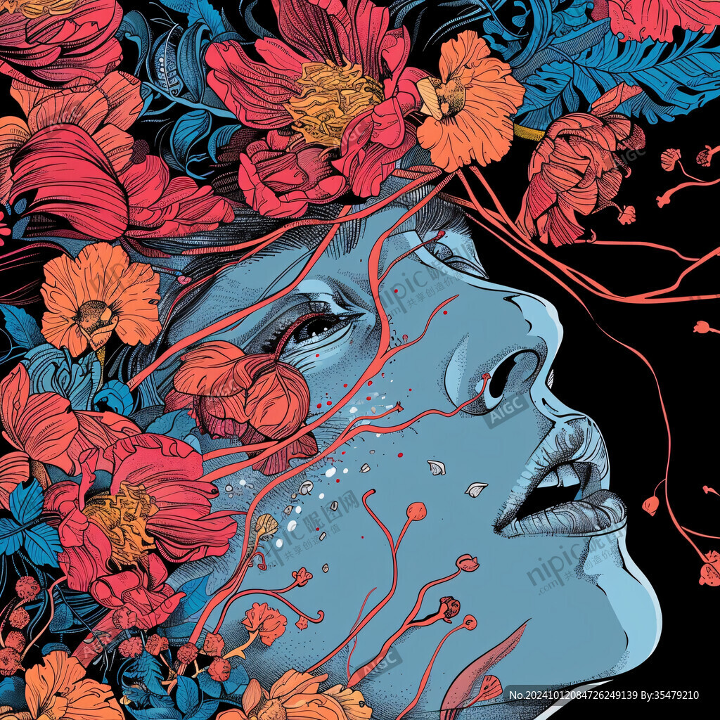手繪抽象女人花草插畫