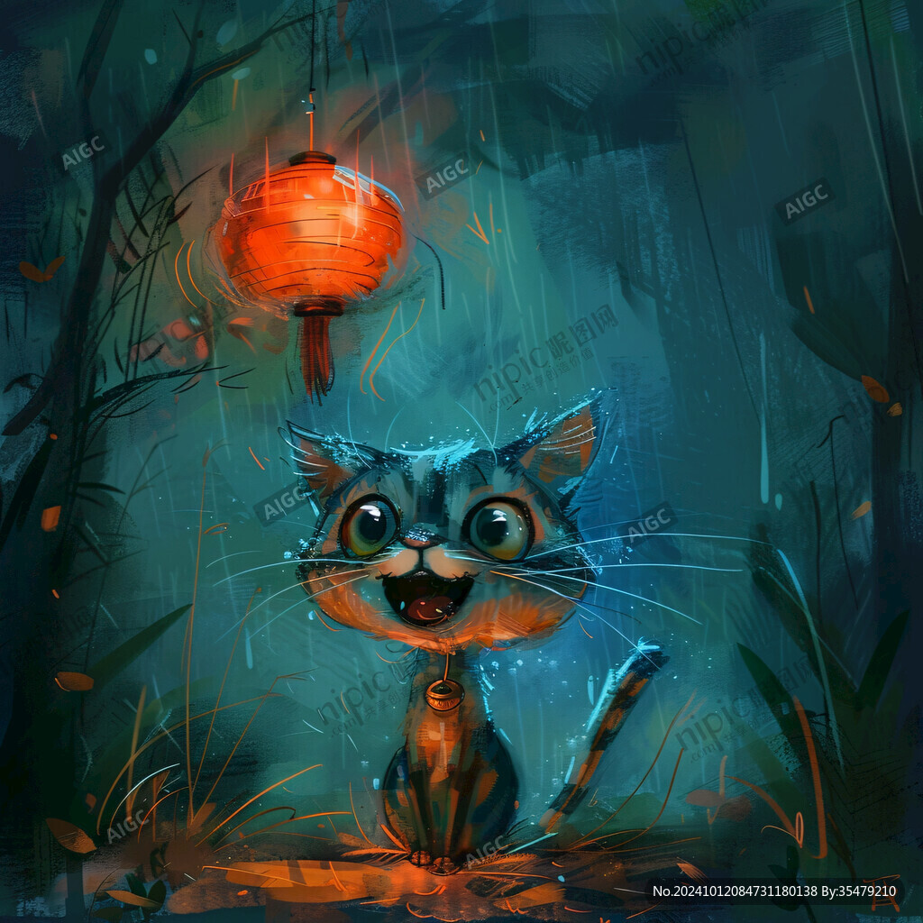 雨天傘下躲雨貓咪插畫