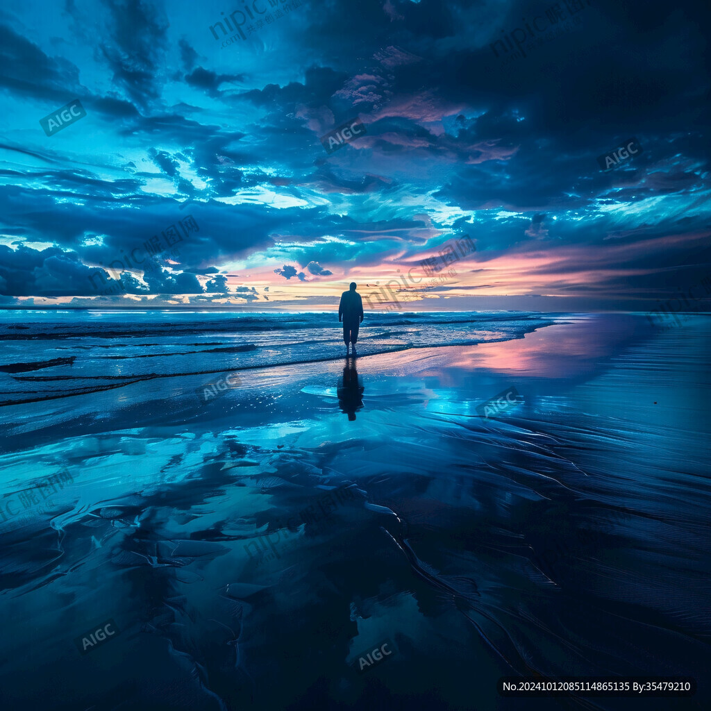 海邊暮色人影