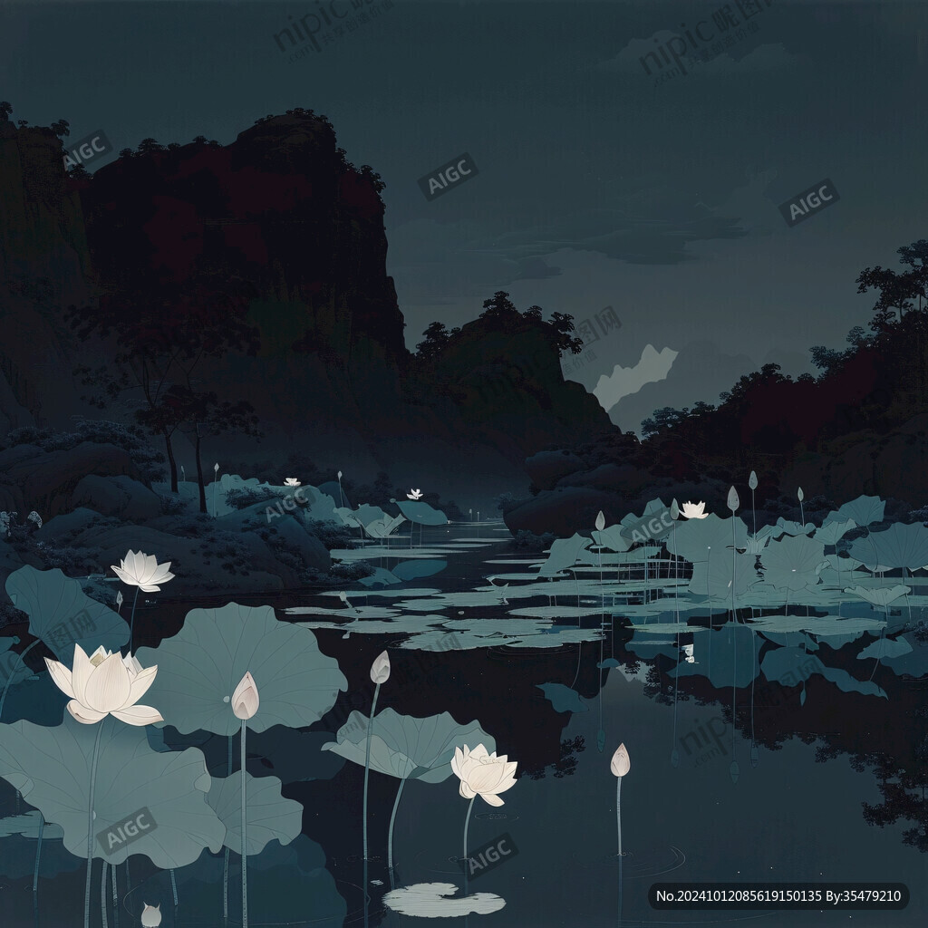 插畫夜景湖泊