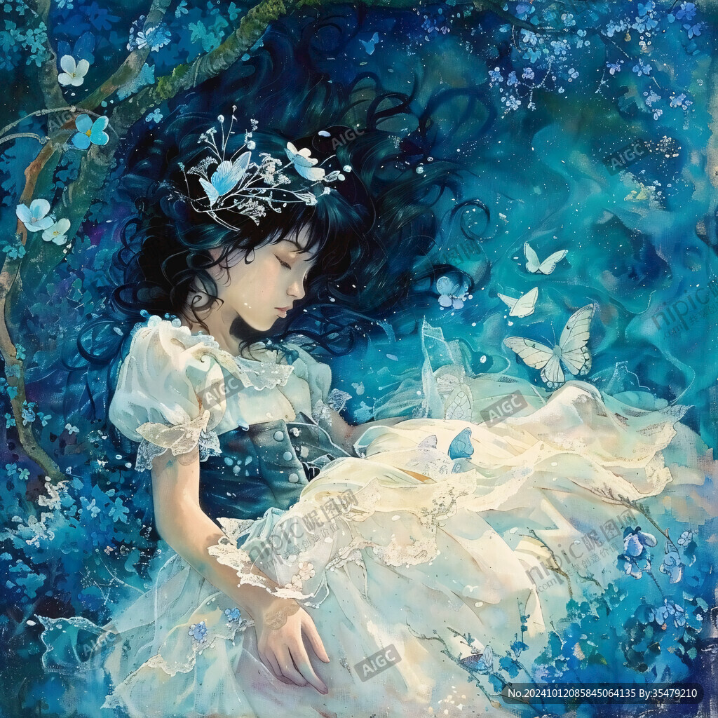 藍色系女孩手繪