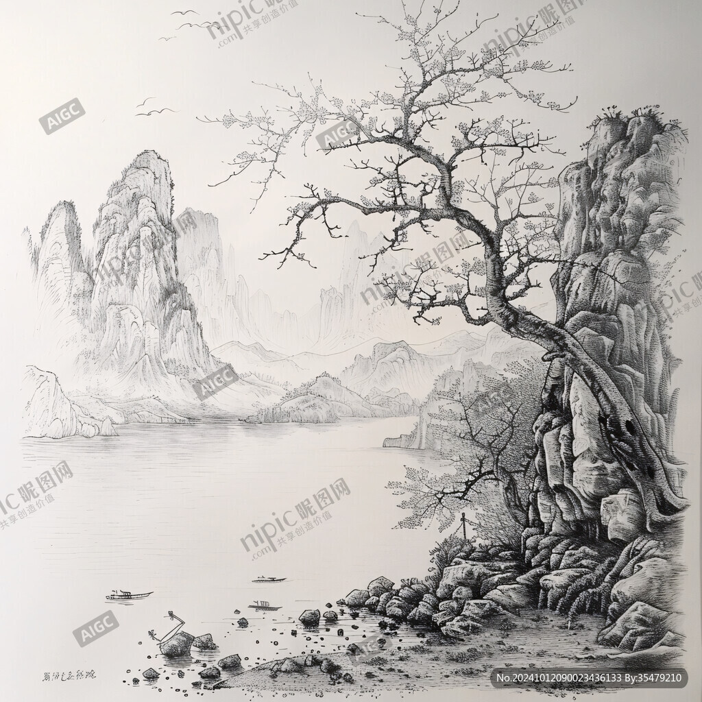 手繪線描山水壁畫