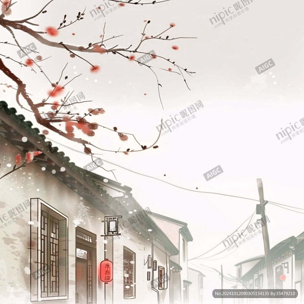 春節古建筑院子水墨畫
