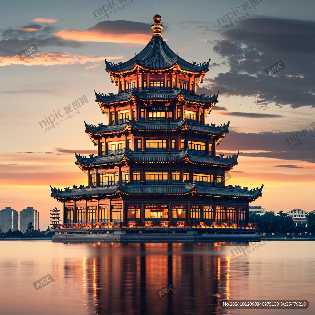 古建筑湖邊觀景塔