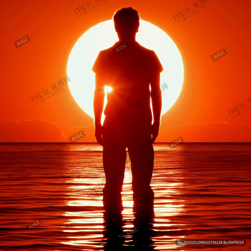 夕陽下大海邊男人剪影
