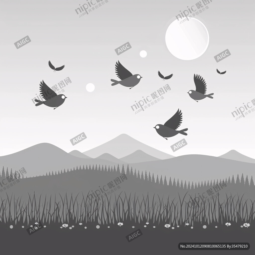 插畫飛鳥落日
