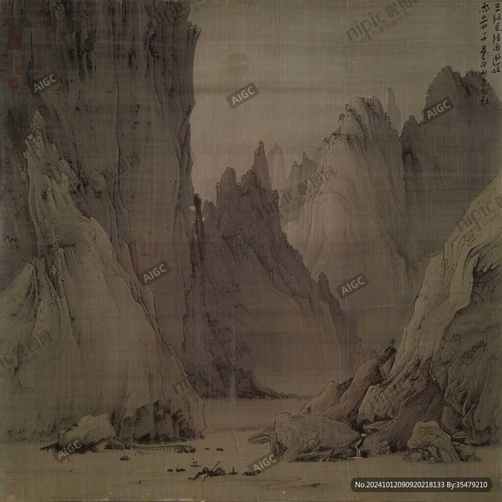 手繪仿古細(xì)筆山水