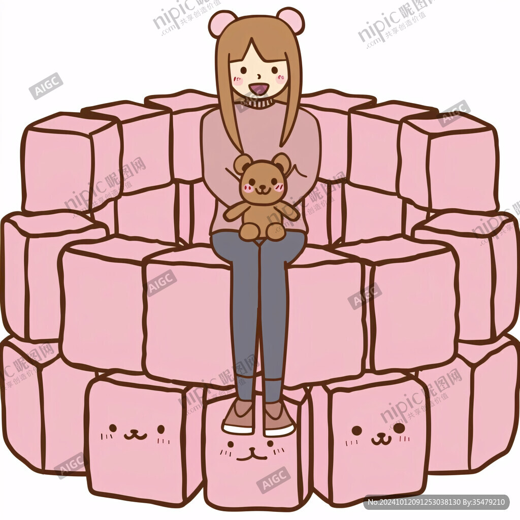 抱小熊卡通女孩
