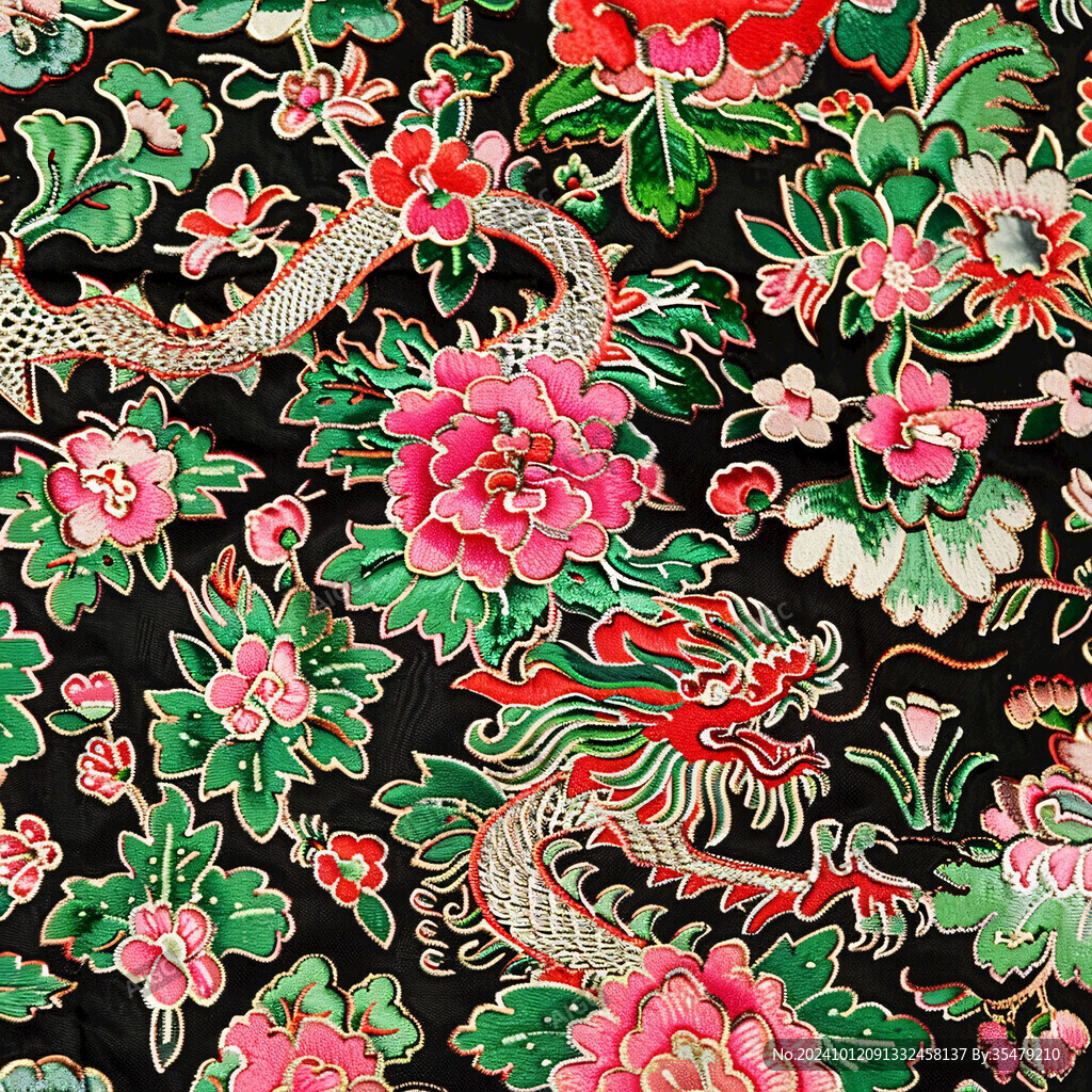 黑底繡海水龍牡丹紋