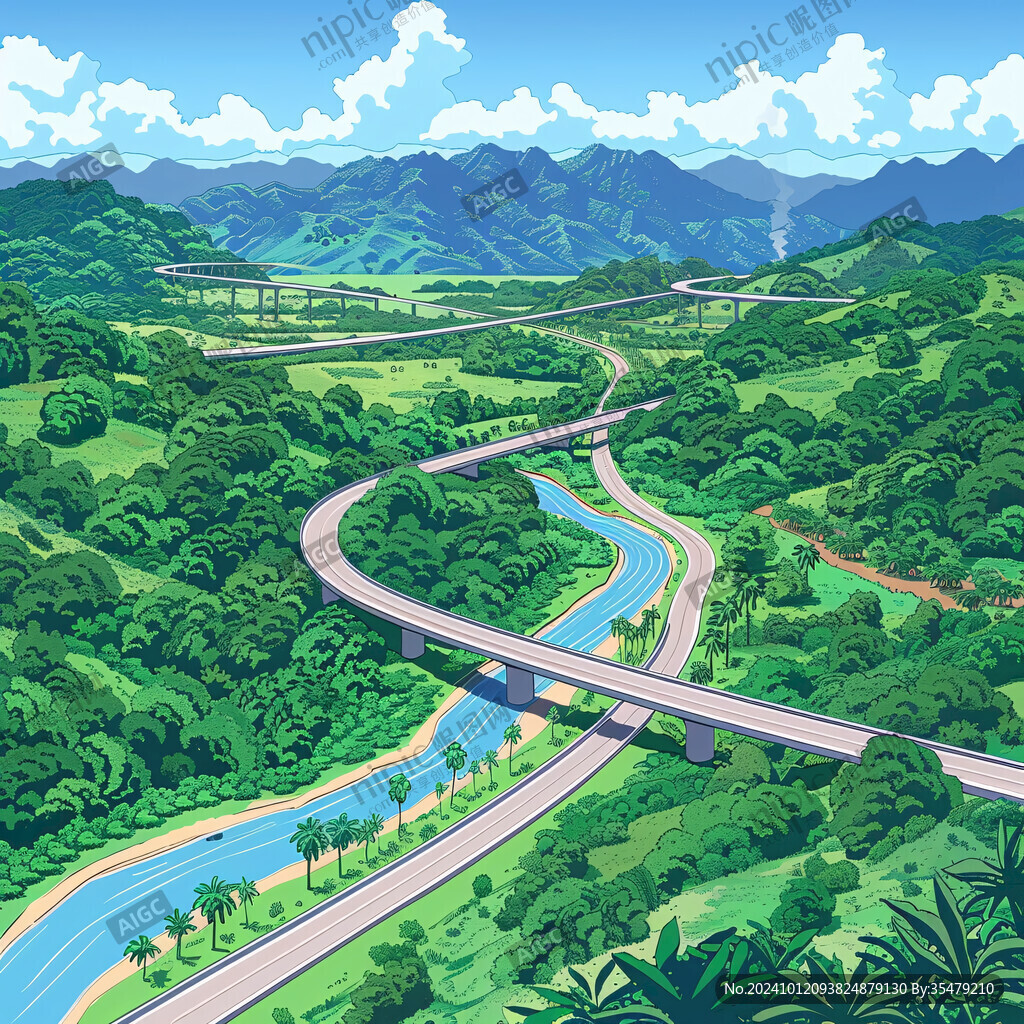 蜿蜒河流山間道路