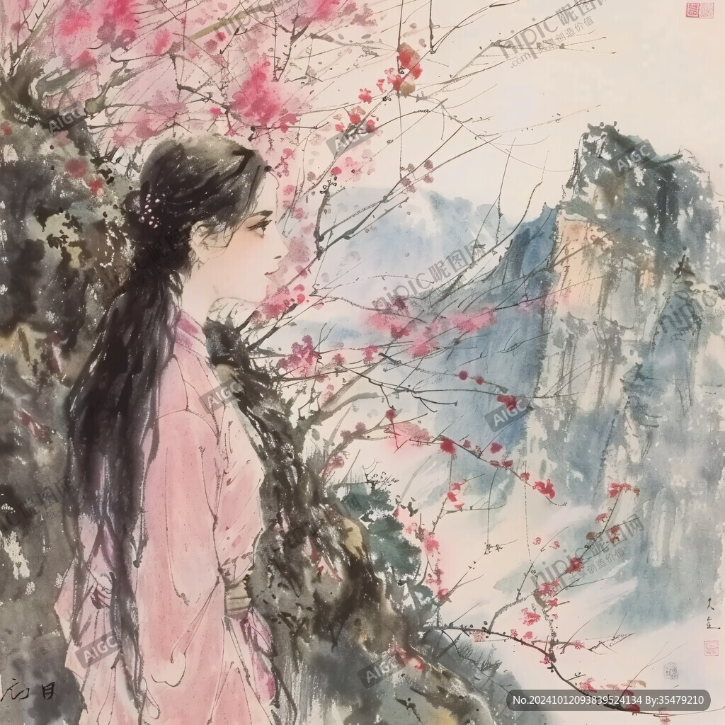梅花和女孩水墨畫