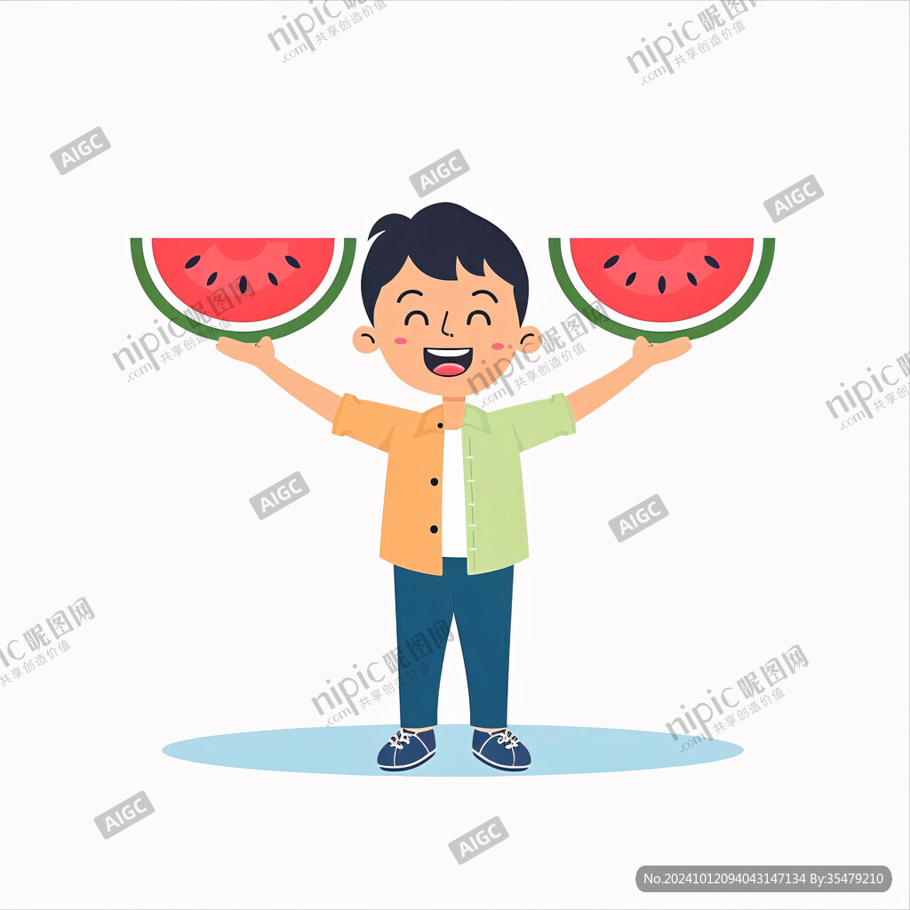 吃西瓜卡通男孩