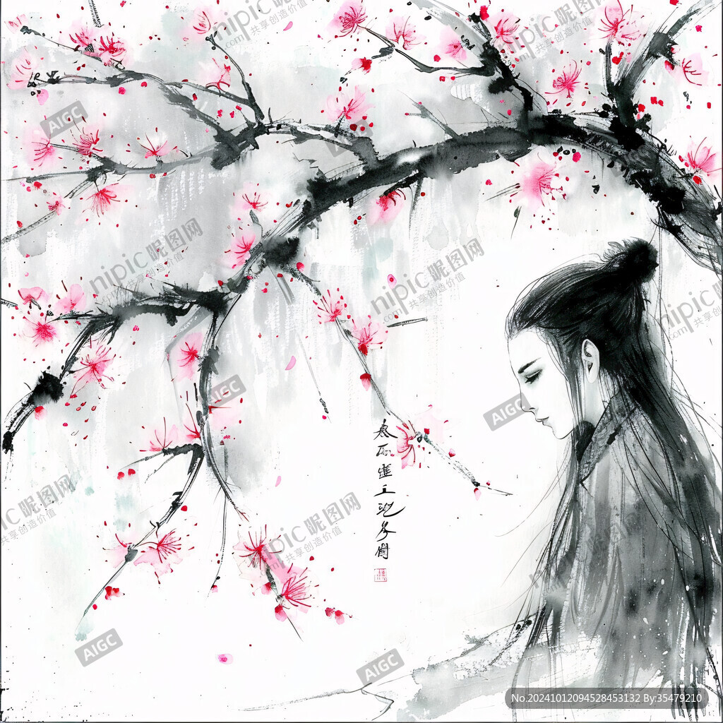 梅花和女孩水墨畫(huà)