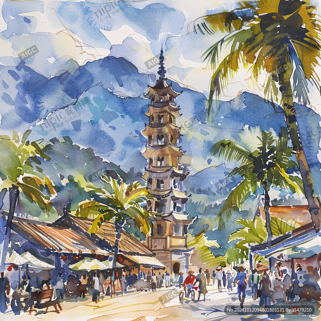 廣西插畫水彩建筑插畫