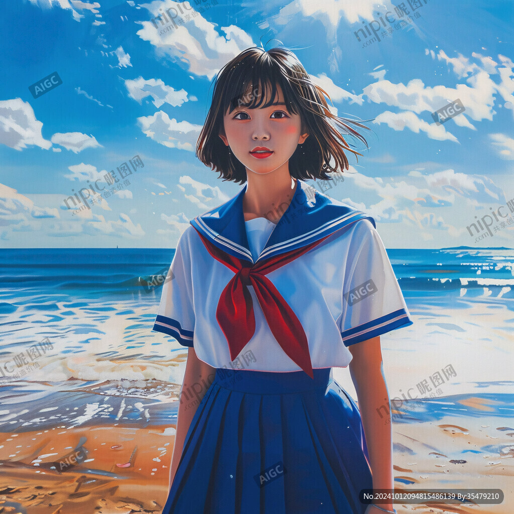 女學生海邊插畫