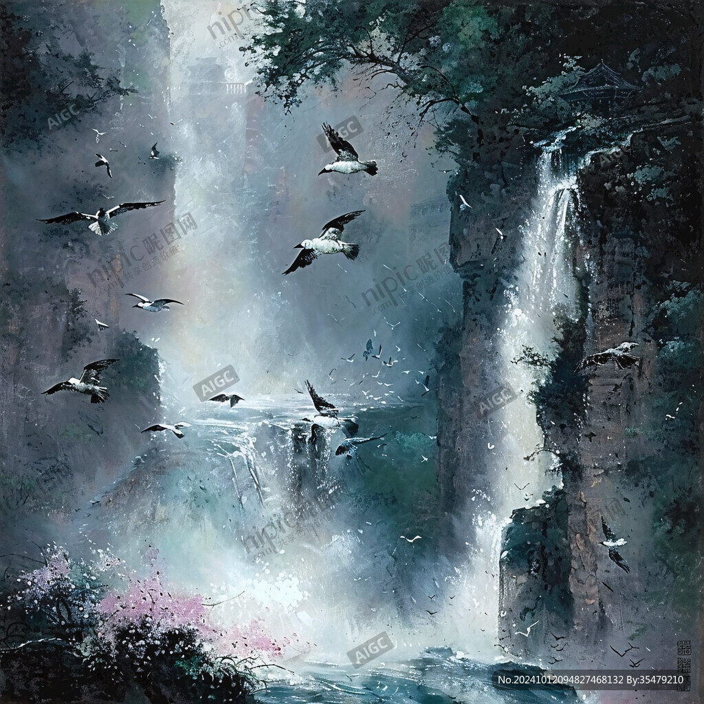 鳥類風景水彩畫