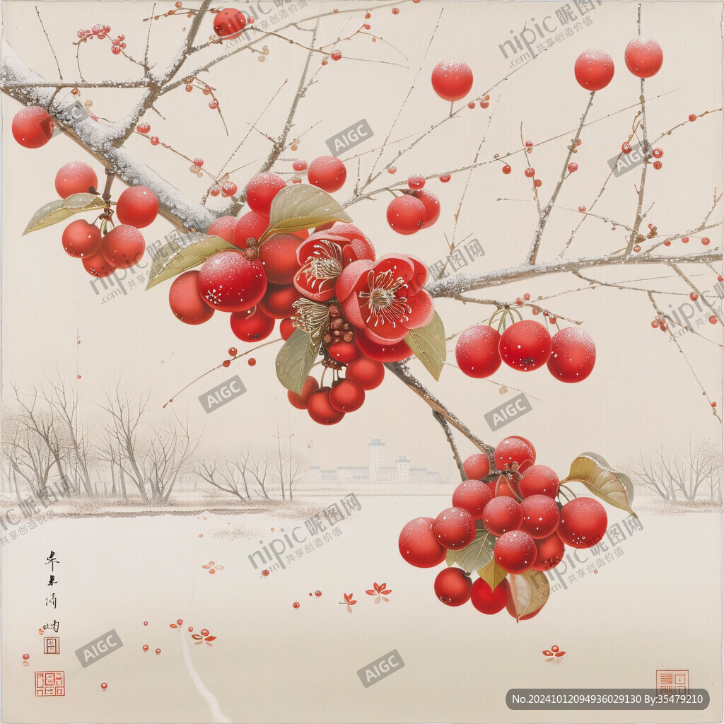 毛筆紅果滿枝