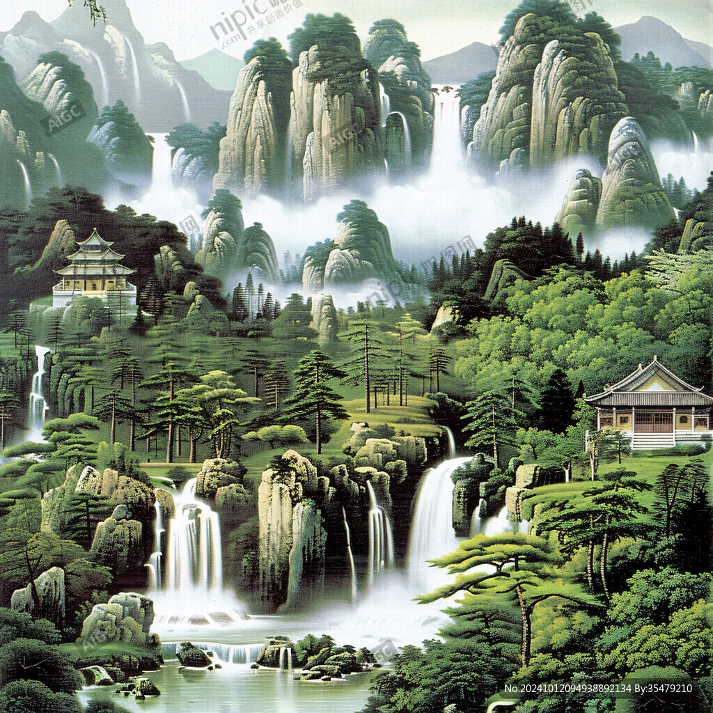 迎客松青綠山水壁畫
