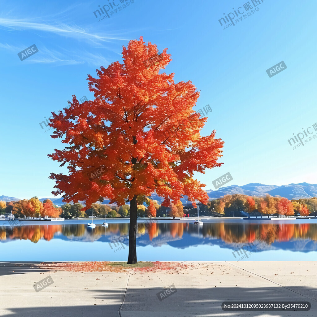 湖邊紅楓樹