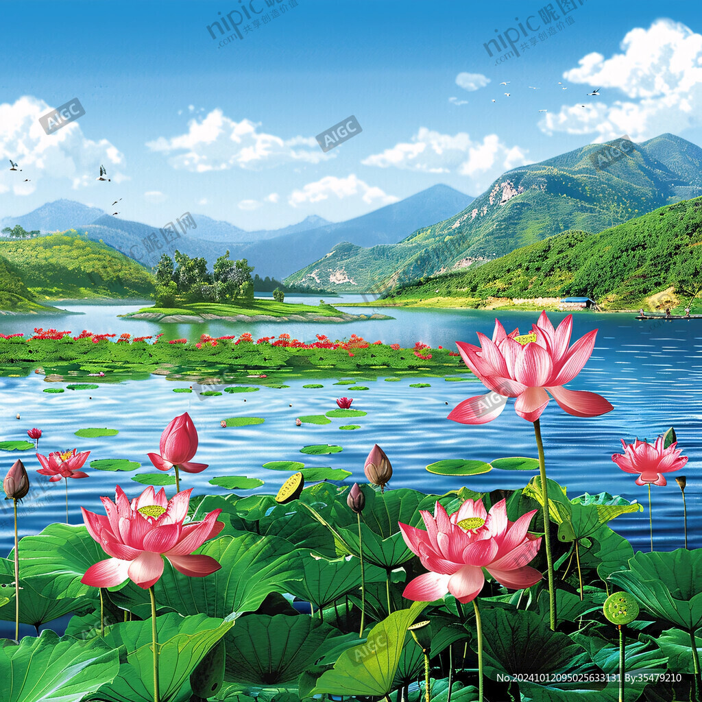 荷花風景畫