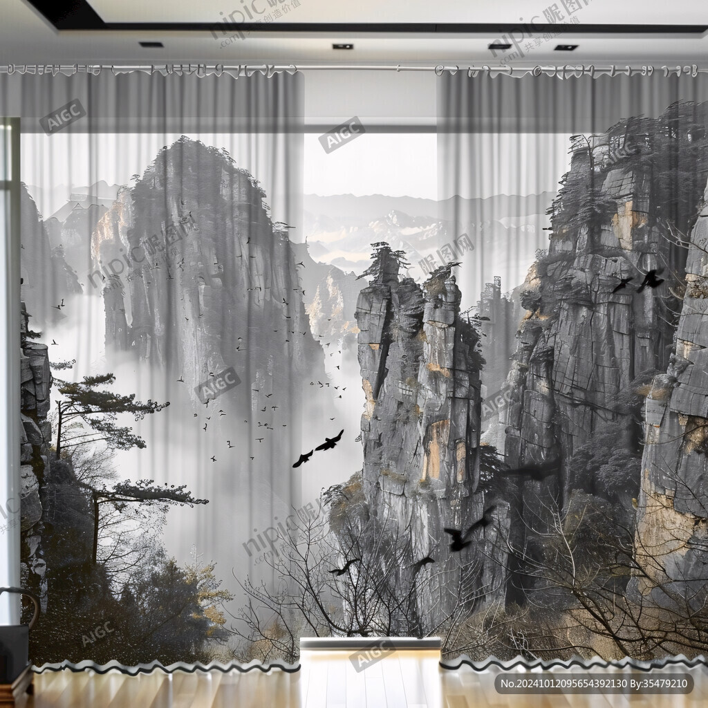 中式山川意境墻紙窗簾