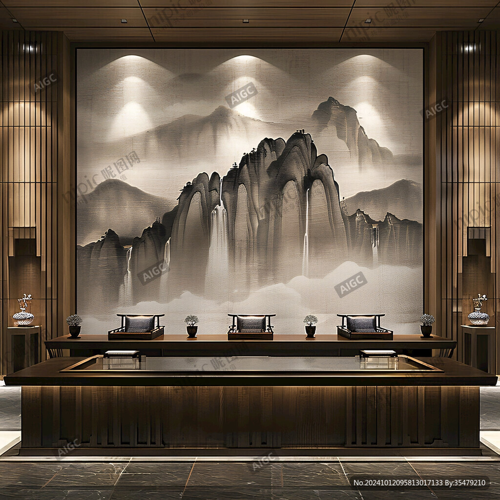 酒店前臺大型山水掛畫