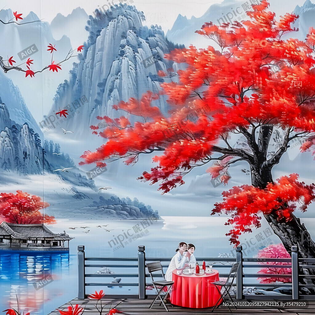 新中式國(guó)潮紅葉山水