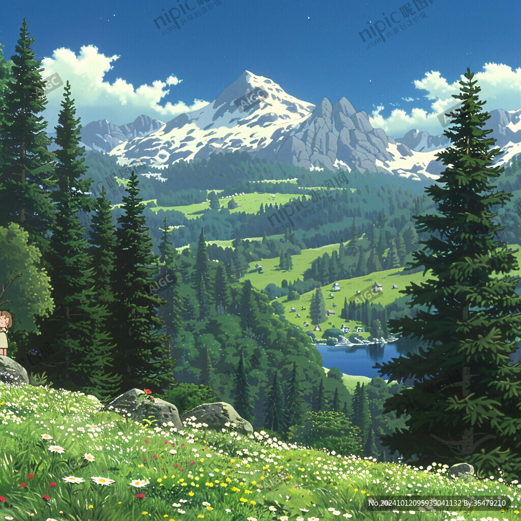 手繪森林山峰草地