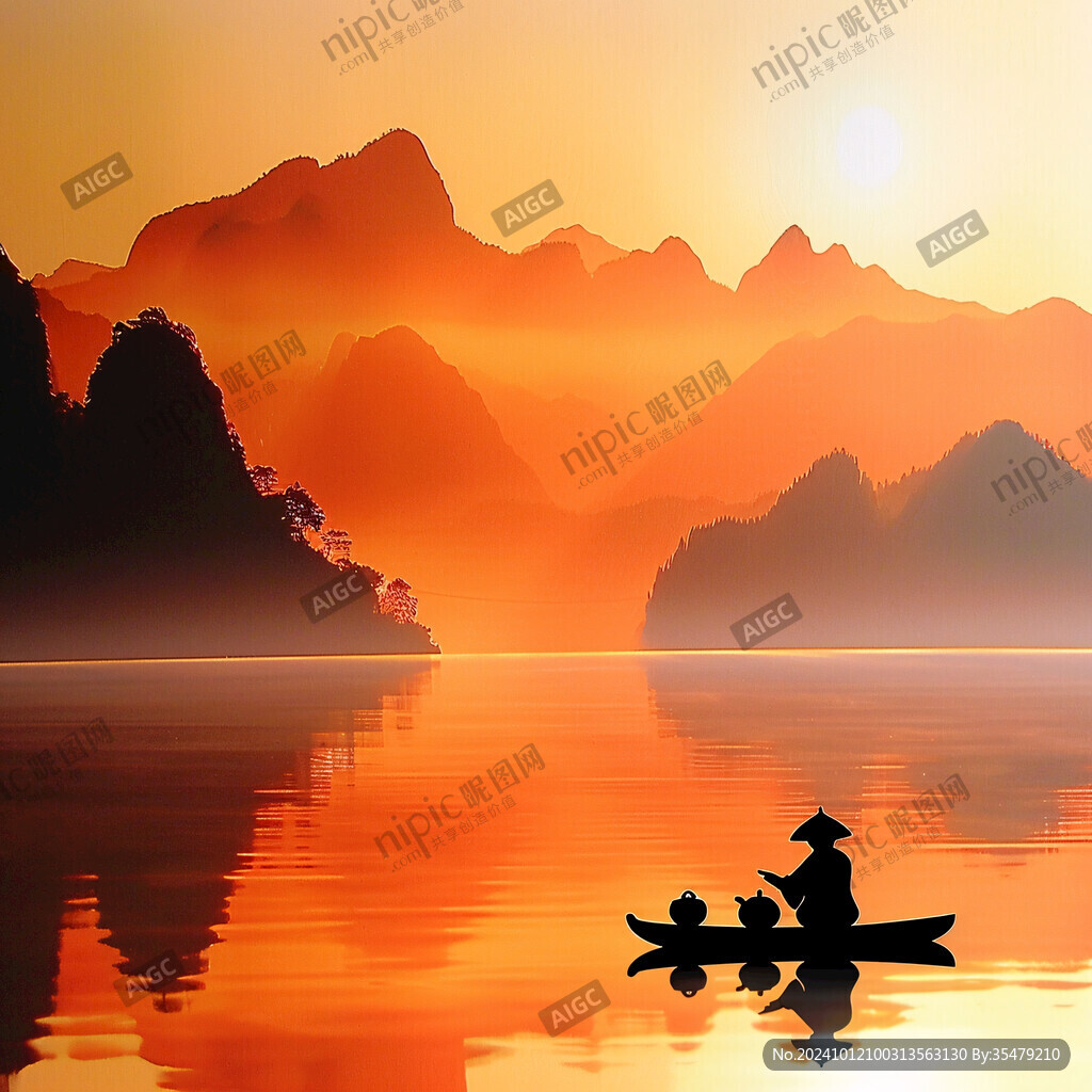 溪流小船白鶴落日山巒