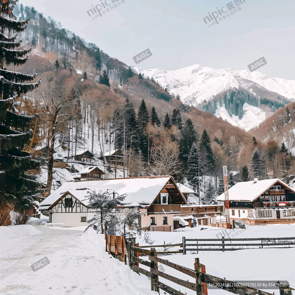 冬天雪景山村