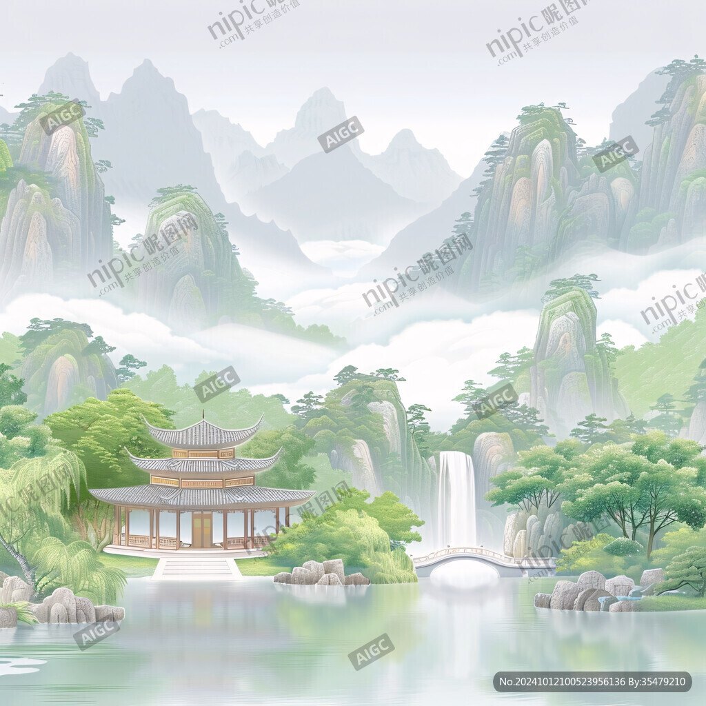 樓閣山水包裝背景
