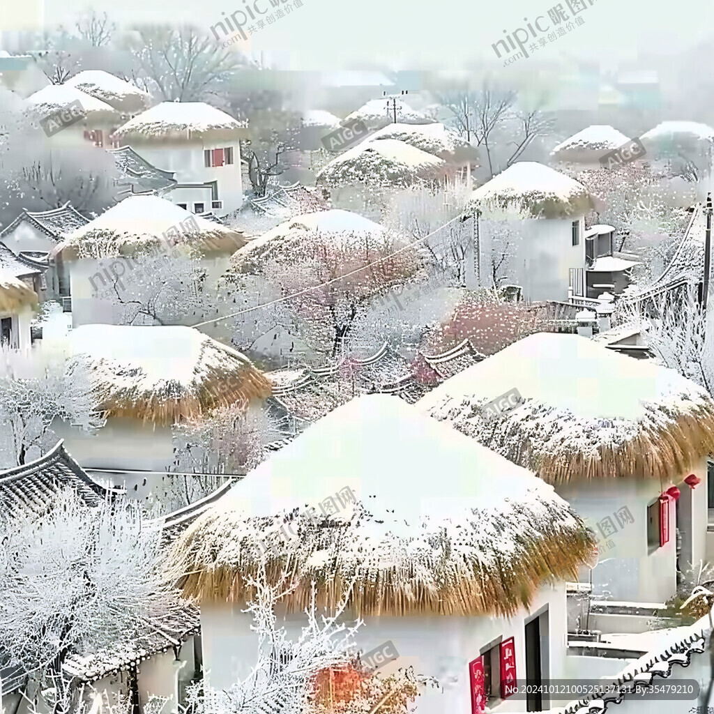 籬笆院青磚瓦房雪景