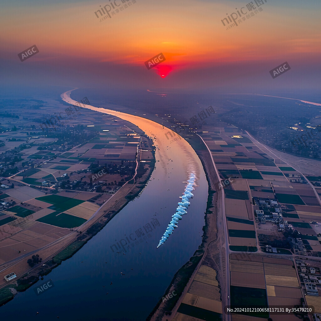 航拍夕陽下淮河