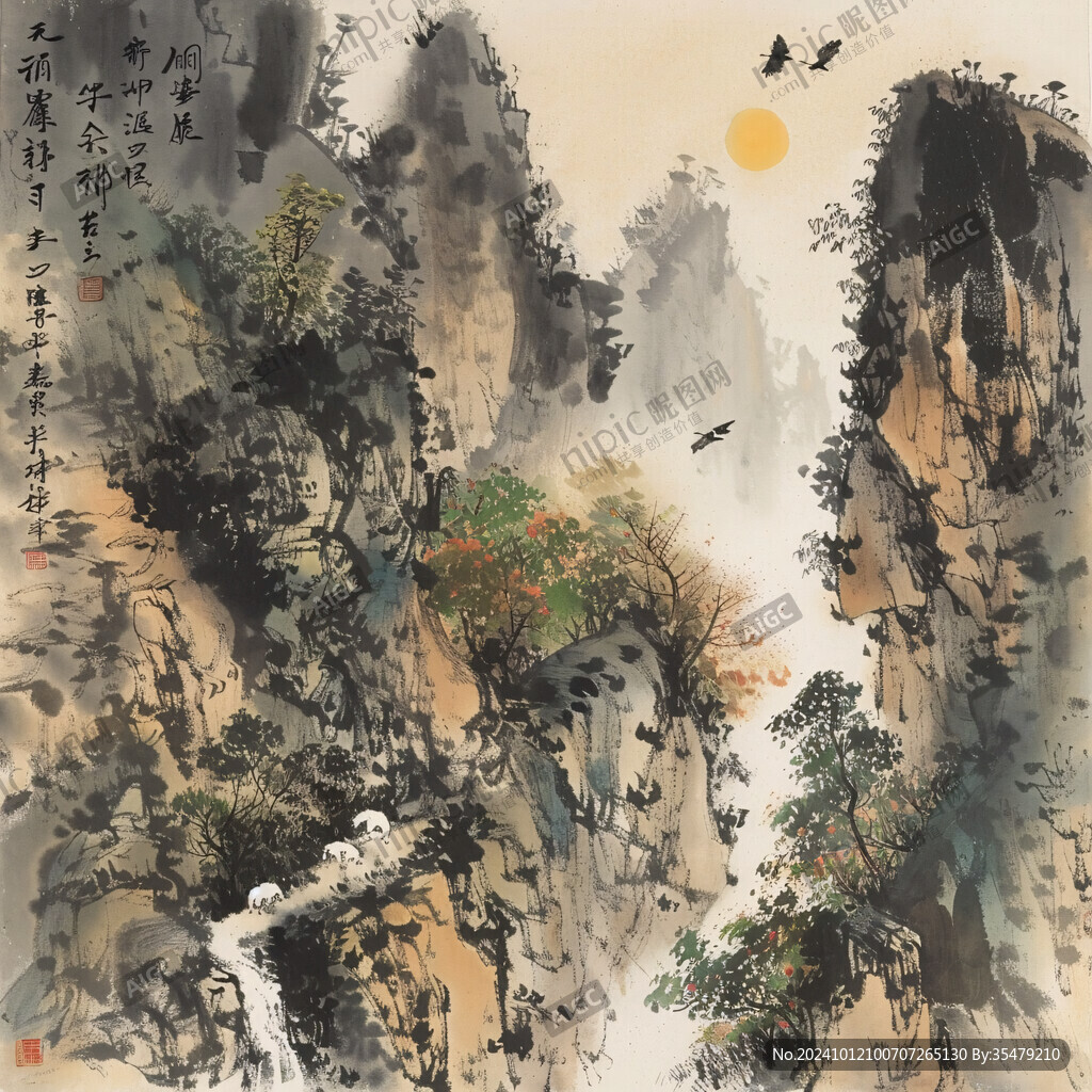 旭日東升樓閣山水畫
