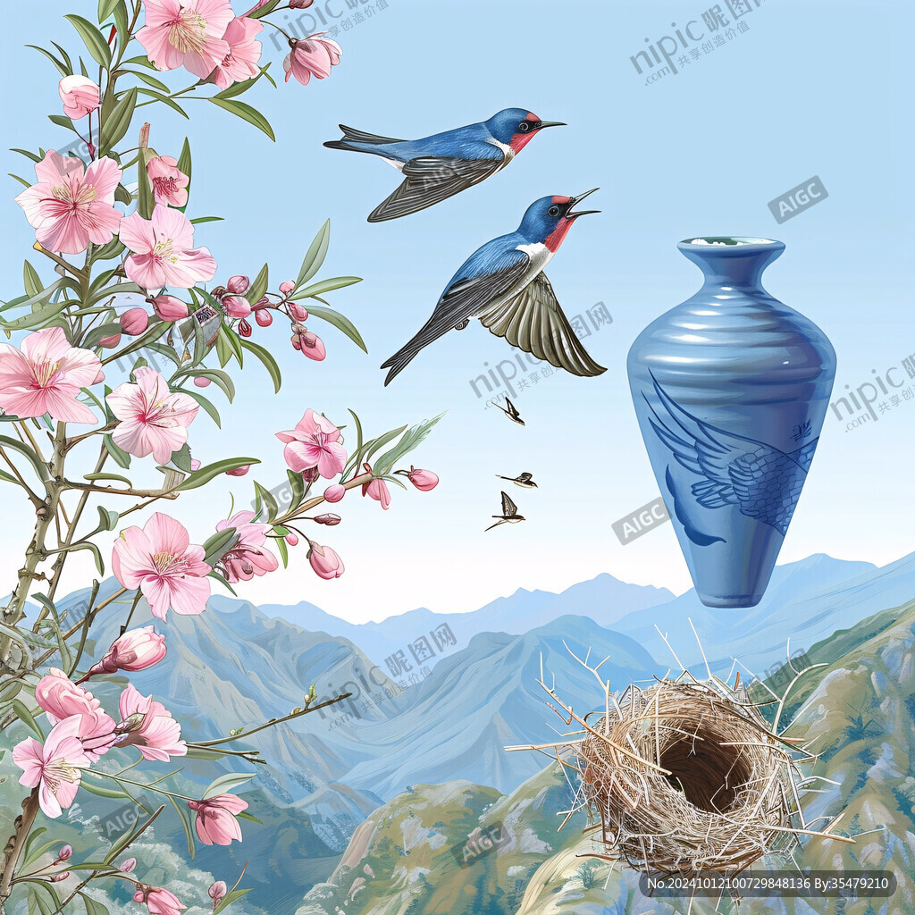 松石綠地桃紅春燕圖