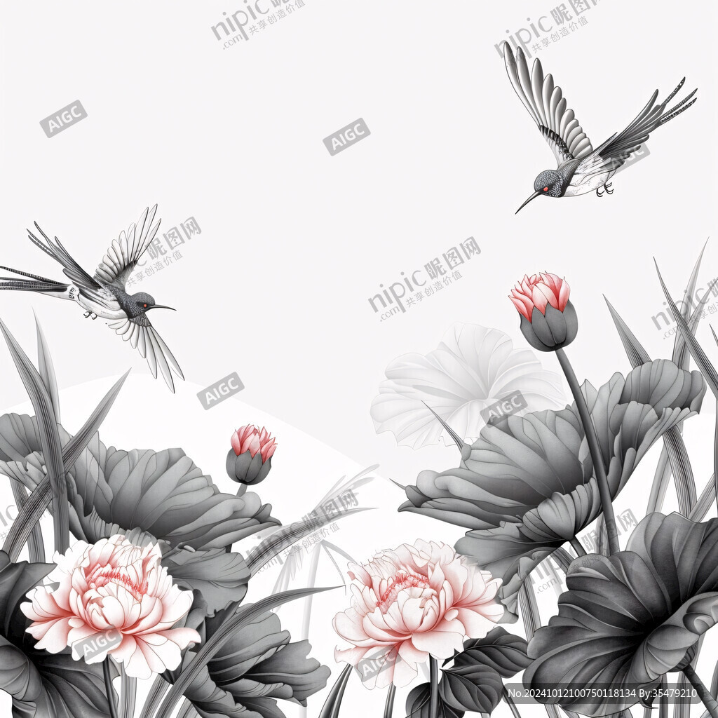 手繪荷花仙鶴梅花圖