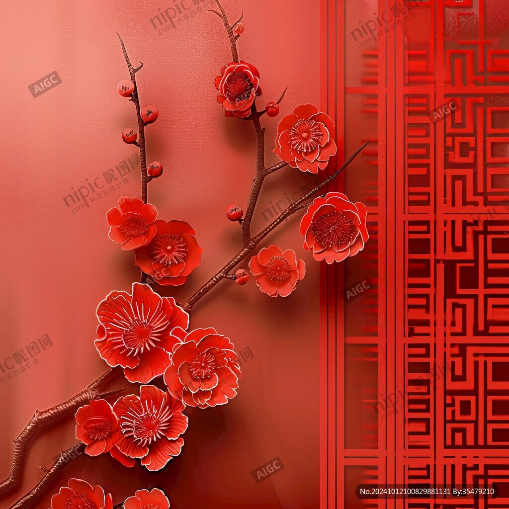 工筆手繪紅墻梅花