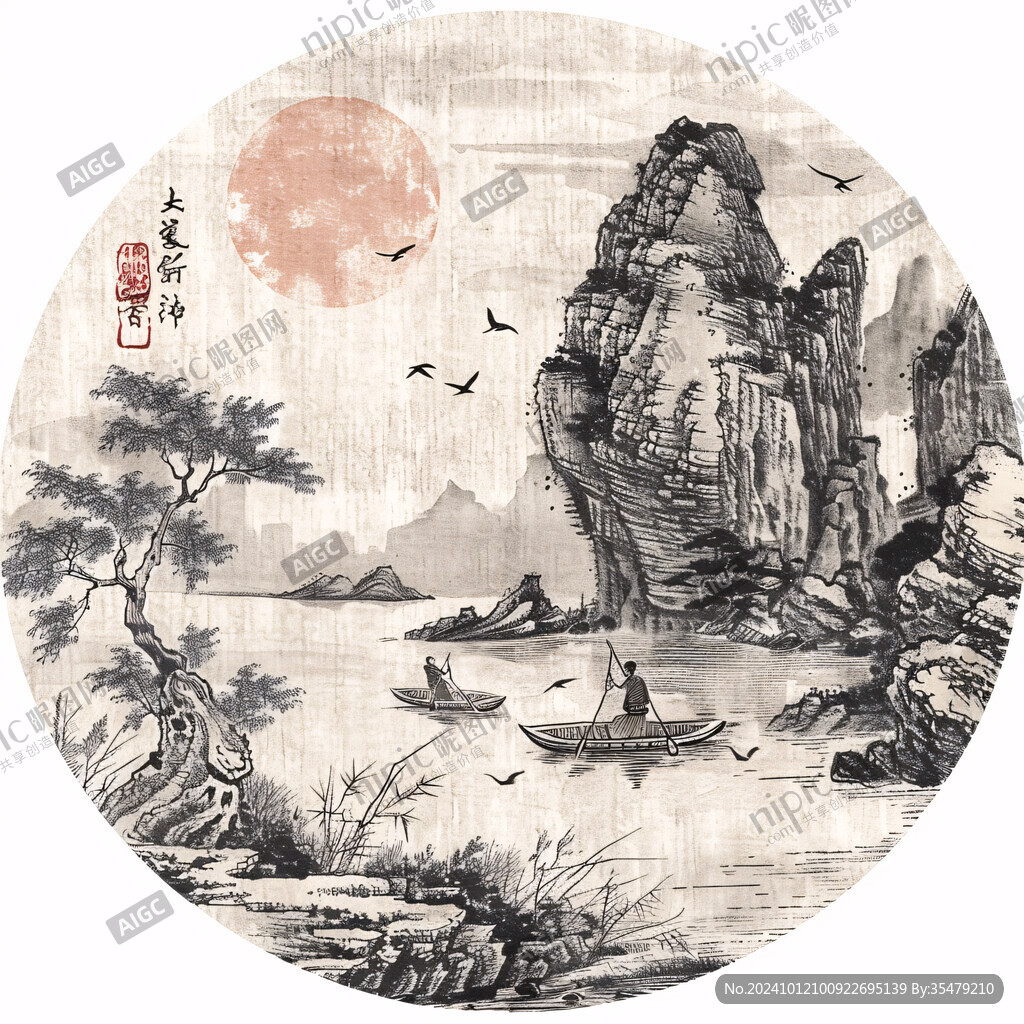 工筆山水畫團扇