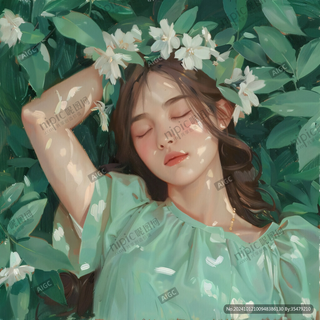 插畫綠葉女孩