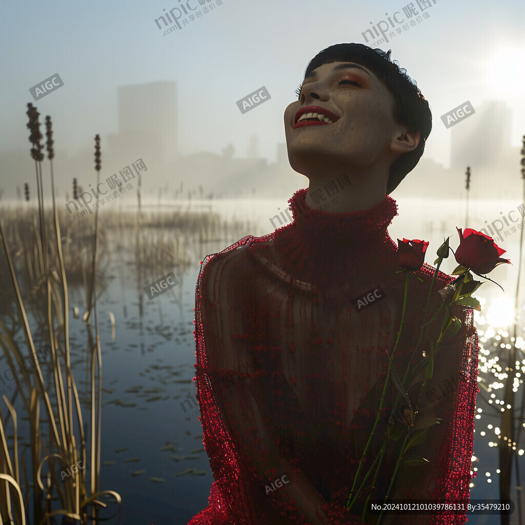 紅衣美女湖邊