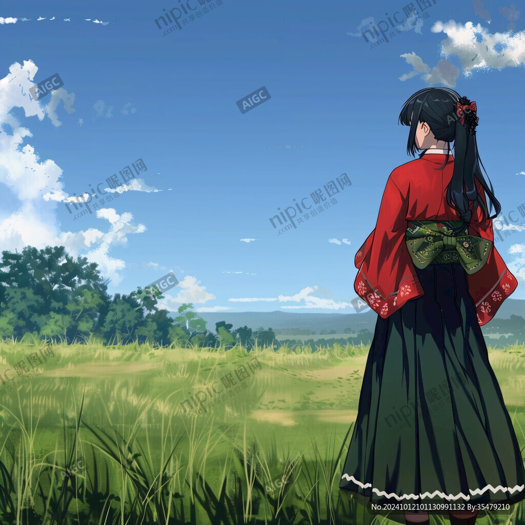 夏季草原野花紅衣少女