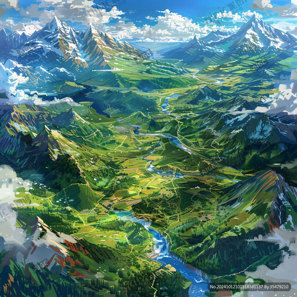 雪山森林河流圖