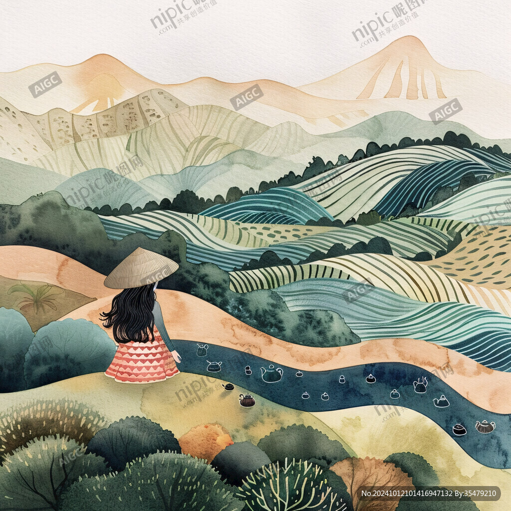 水稻梯田插畫