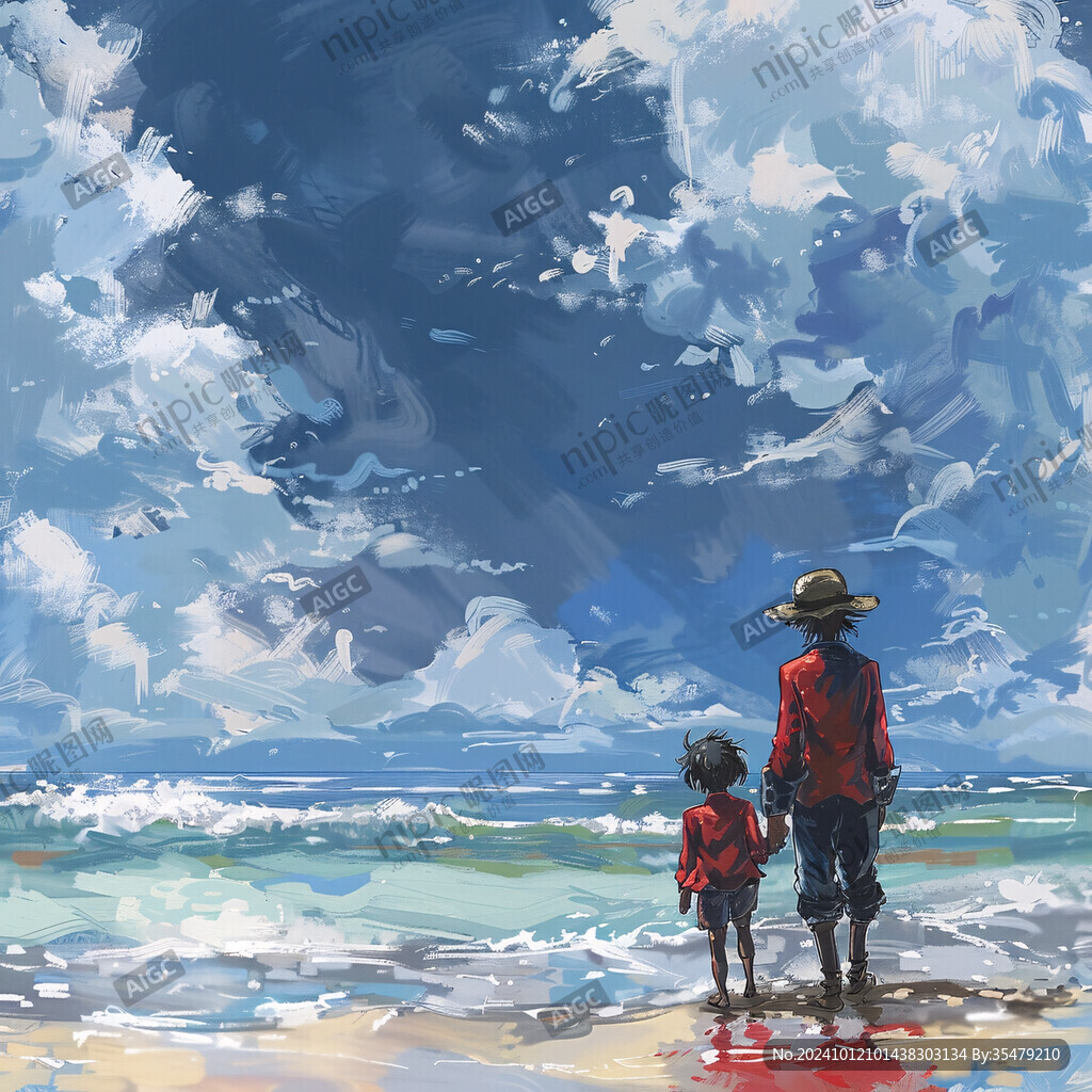 手繪看海的情侶插畫