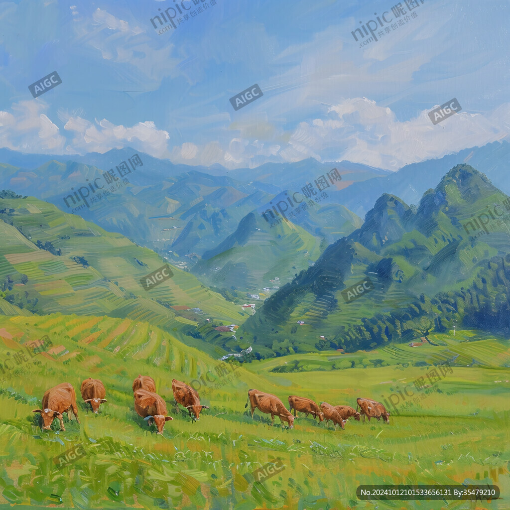 山坡牧牛風(fēng)景畫
