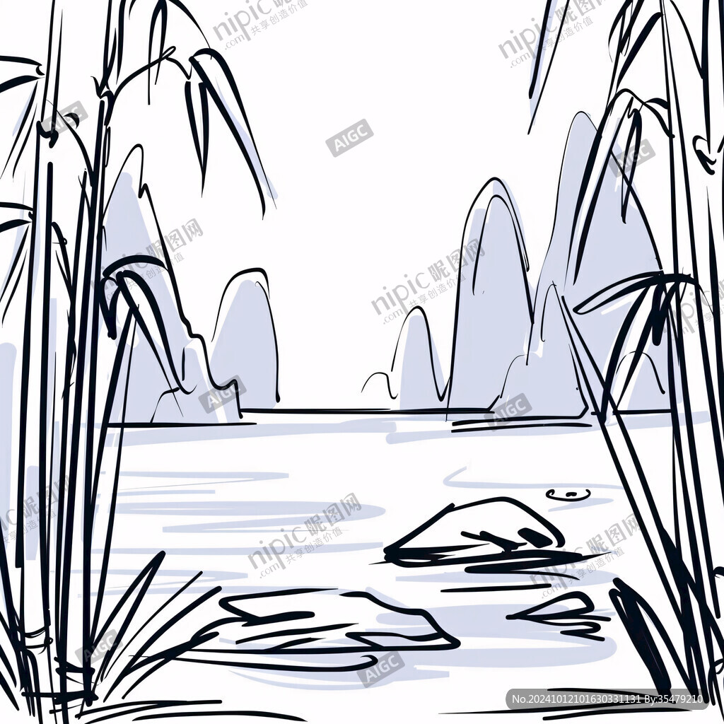 線描古風(fēng)江景山水