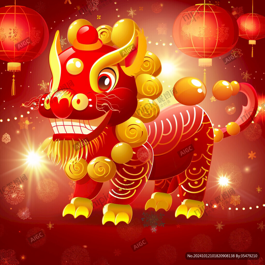 小牛舞獅插畫
