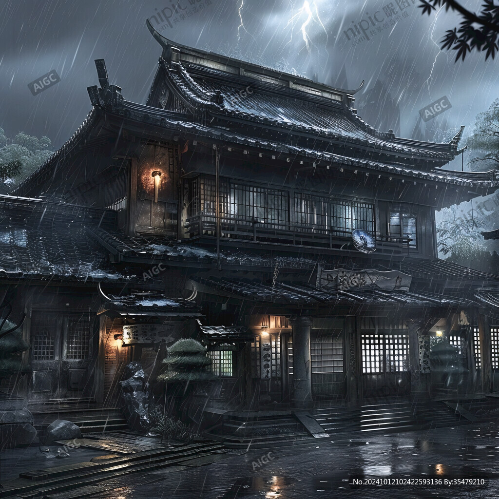 中式古代建筑雨景