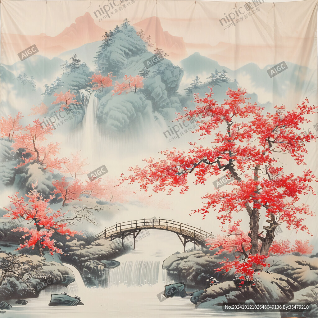 新中式國(guó)潮紅葉山水